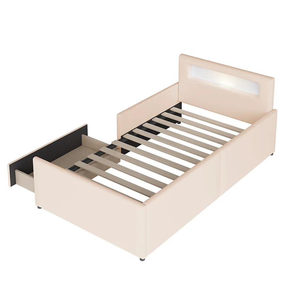 Lit avec rangement 90x200 cm - Lit enfant capitonné avec veilleuse et port USB - Similicuir + Métal - Sans matelas - Beige>Okwish New