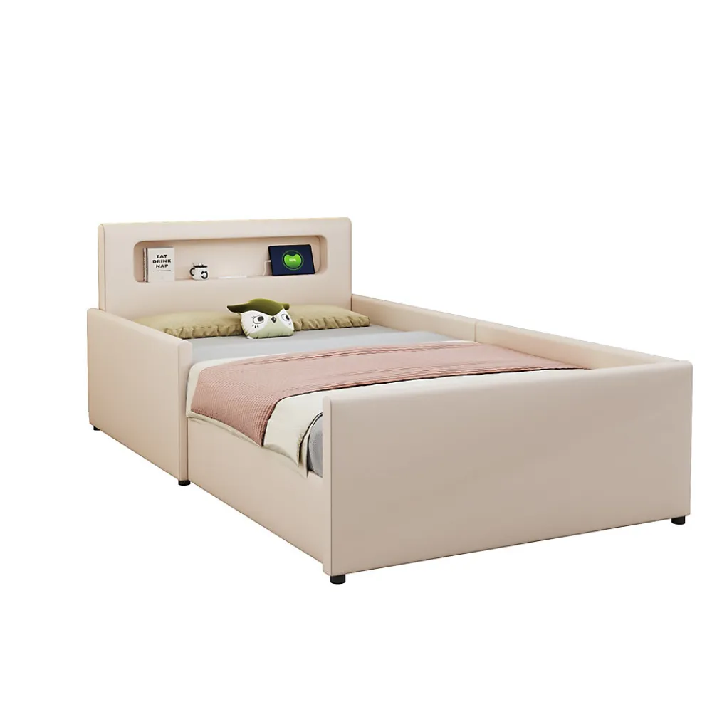 Lit avec rangement 90x200 cm - Lit enfant capitonné avec veilleuse et port USB - Similicuir + Métal - Sans matelas - Beige>Okwish New