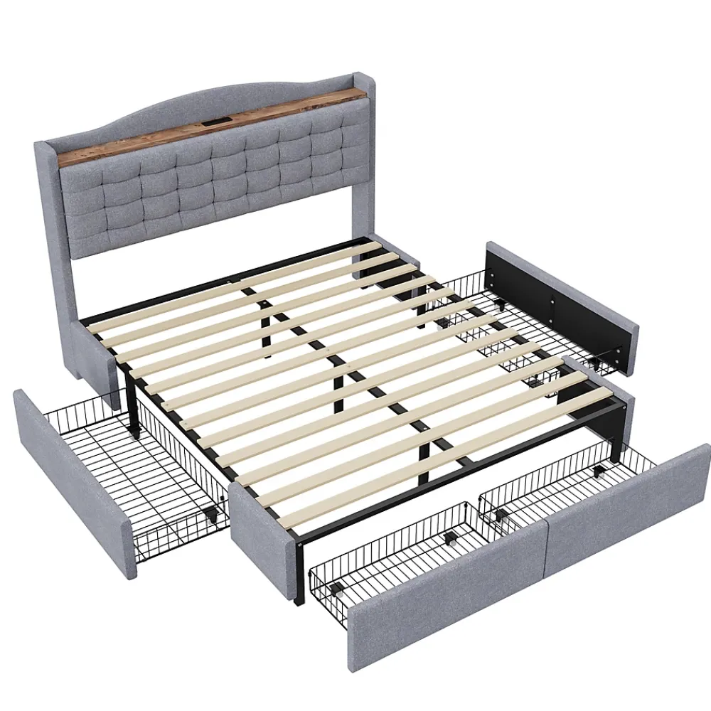 Okwish Lit avec Rangement 160x200 cm - Lit Double avec Port USB, Table de Chevet avec 4 Tiroirs, Sans Matelas, Lin, Gris Clair* Lit Avec Rangement