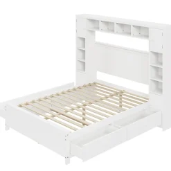Lit avec Rangement 140x200 cm - Lit Double avec 4 Tiroirs et Placard Spacieux, Bois Massif et MDF, Sans Matelas - Blanc><noscript><img width=