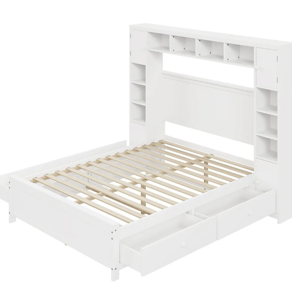 Lit avec Rangement 140x200 cm - Lit Double avec 4 Tiroirs et Placard Spacieux, Bois Massif et MDF, Sans Matelas - Blanc>Okwish Discount