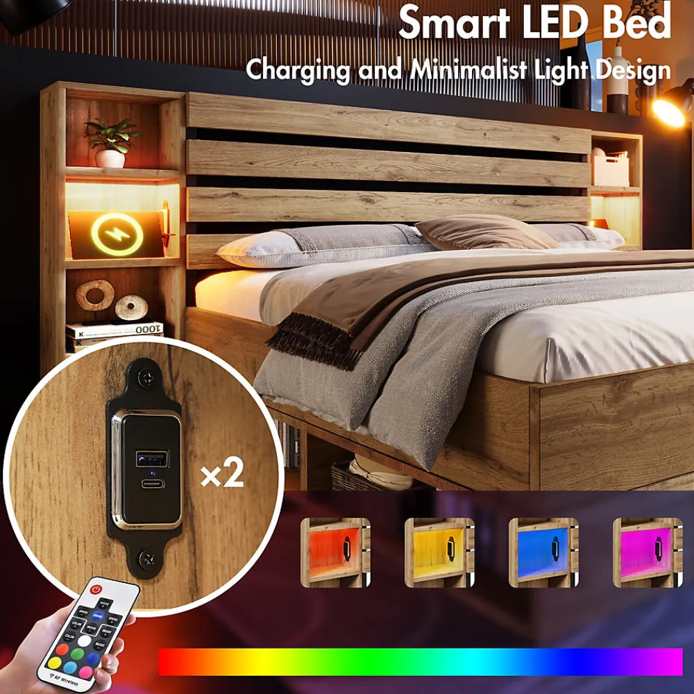 Lit avec rangement 180x200 cm - Lit double avec tête de lit LED et USB C - Bois Massif - Sans Matelas - Chêne>Okwish
