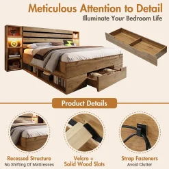Lit avec rangement 180x200 cm - Lit double avec tête de lit LED et USB C - Bois Massif - Sans Matelas - Chêne><noscript><img width=