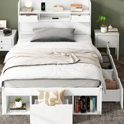 Lit avec Rangement 90x200 cm - Lit Simple avec USB et Tiroirs, Armoire Intégrée - Sans Matelas - Bois Blanc>Okwish Clearance