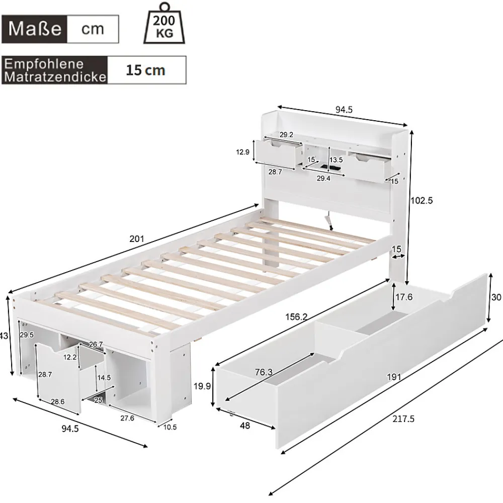 Lit avec Rangement 90x200 cm - Lit Simple avec USB et Tiroirs, Armoire Intégrée - Sans Matelas - Bois Blanc>Okwish Clearance