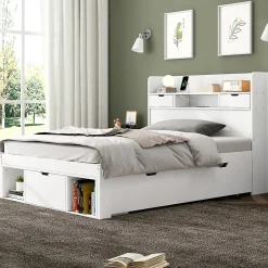 Lit avec Rangement 90x200 cm - Lit Simple avec USB et Tiroirs, Armoire Intégrée - Sans Matelas - Bois Blanc><noscript><img width=