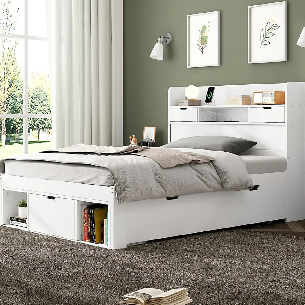 Lit avec Rangement 90x200 cm - Lit Simple avec USB et Tiroirs, Armoire Intégrée - Sans Matelas - Bois Blanc>Okwish Clearance