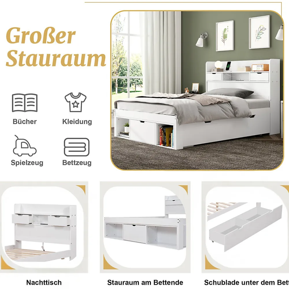 Lit avec Rangement 90x200 cm - Lit Simple avec USB et Tiroirs, Armoire Intégrée - Sans Matelas - Bois Blanc>Okwish Clearance
