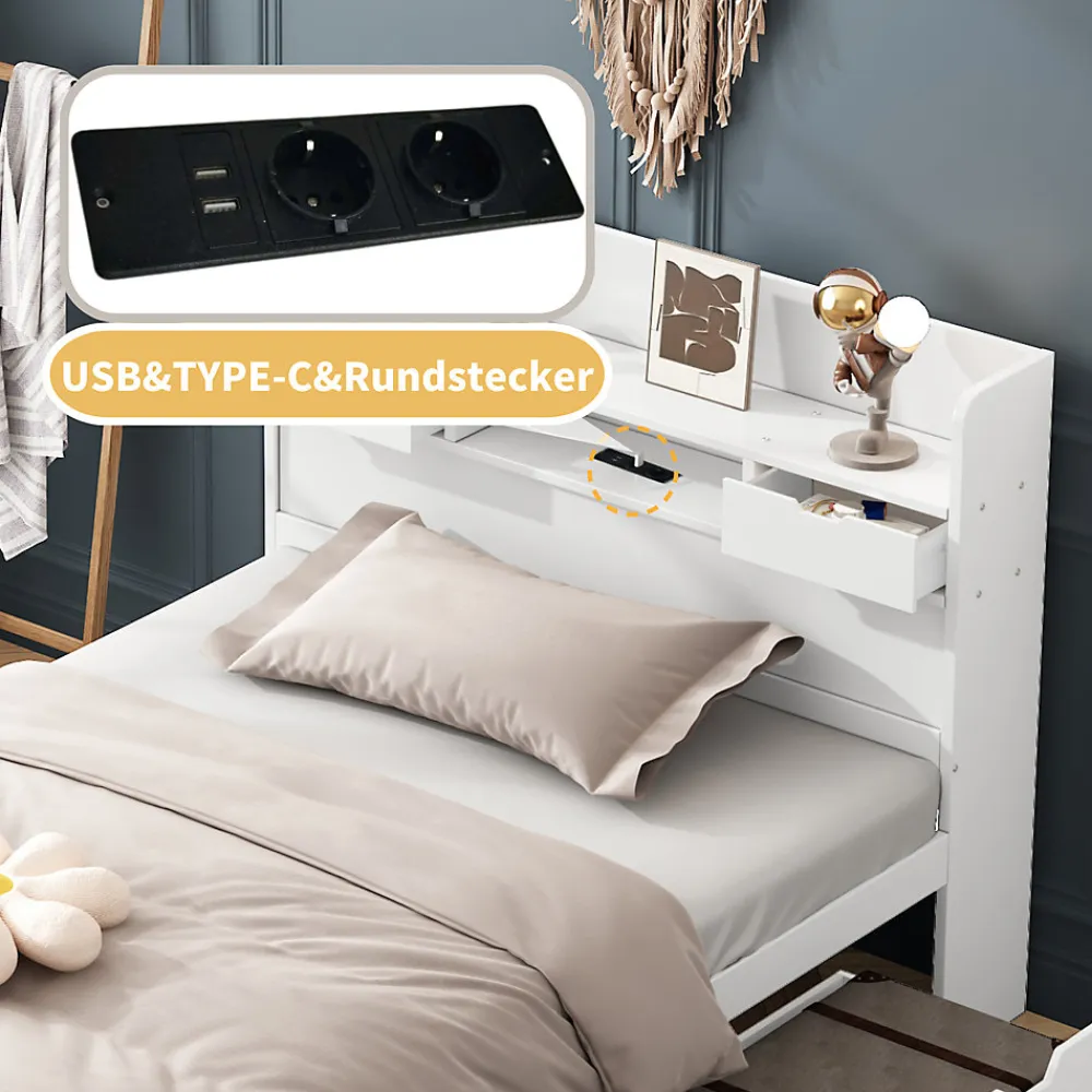 Lit avec Rangement 90x200 cm - Lit Simple avec USB et Tiroirs, Armoire Intégrée - Sans Matelas - Bois Blanc>Okwish Clearance