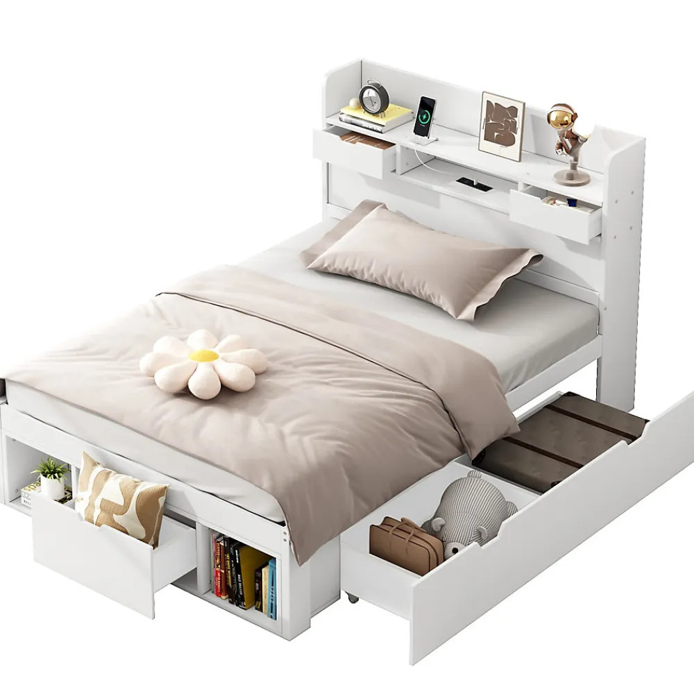 Lit avec Rangement 90x200 cm - Lit Simple avec USB et Tiroirs, Armoire Intégrée - Sans Matelas - Bois Blanc>Okwish Clearance