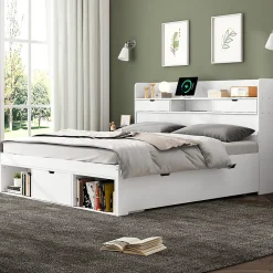 Lit avec Rangement 180x200 cm - Lit Double avec USB et Tiroirs, Armoire Intégrée - Sans Matelas - Bois Blanc>Okwish Clearance