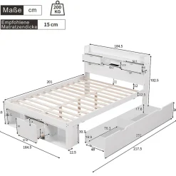 Lit avec Rangement 180x200 cm - Lit Double avec USB et Tiroirs, Armoire Intégrée - Sans Matelas - Bois Blanc><noscript><img data-lazyloaded=