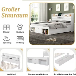 Lit avec Rangement 180x200 cm - Lit Double avec USB et Tiroirs, Armoire Intégrée - Sans Matelas - Bois Blanc><noscript><img data-lazyloaded=