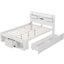 Lit avec Rangement 180x200 cm - Lit Double avec USB et Tiroirs, Armoire Intégrée - Sans Matelas - Bois Blanc><noscript><img data-lazyloaded=