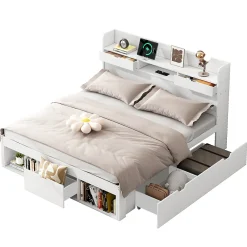 Lit avec Rangement 180x200 cm - Lit Double avec USB et Tiroirs, Armoire Intégrée - Sans Matelas - Bois Blanc><noscript><img data-lazyloaded=