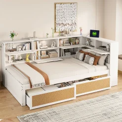 Lit avec Rangement 90x200 cm - Lit Simple enfant avec 2 Tiroirs et Niches de Rangement, Sans Matelas - Bois Massif et MDF Blanc>Okwish Discount