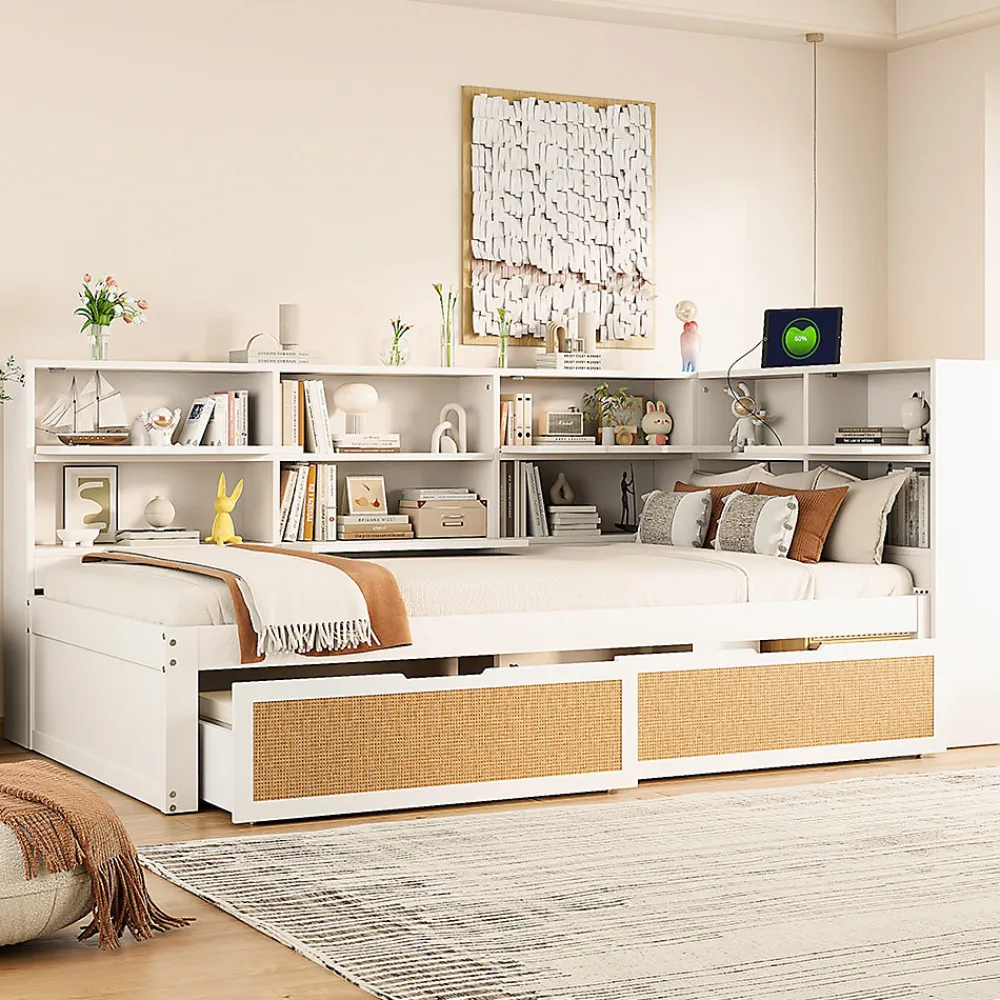 Lit avec Rangement 90x200 cm - Lit Simple enfant avec 2 Tiroirs et Niches de Rangement, Sans Matelas - Bois Massif et MDF Blanc>Okwish Discount