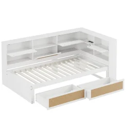 Lit avec Rangement 90x200 cm - Lit Simple enfant avec 2 Tiroirs et Niches de Rangement, Sans Matelas - Bois Massif et MDF Blanc><noscript><img width=