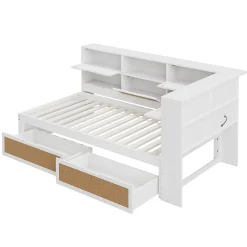 Lit avec Rangement 90x200 cm - Lit Simple enfant avec 2 Tiroirs et Niches de Rangement, Sans Matelas - Bois Massif et MDF Blanc><noscript><img width=