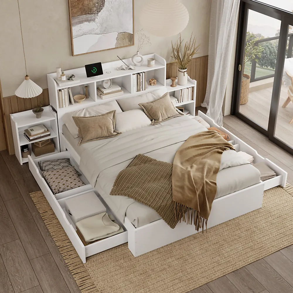 Lit avec Rangement 140x200 cm - Lit Double avec 2 Tables de Nuit Extractibles - MDF Robuste - Sans Matelas - Blanc>Okwish Sale
