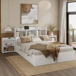 Lit avec Rangement 140x200 cm - Lit Double avec 2 Tables de Nuit Extractibles - MDF Robuste - Sans Matelas - Blanc>Okwish Sale
