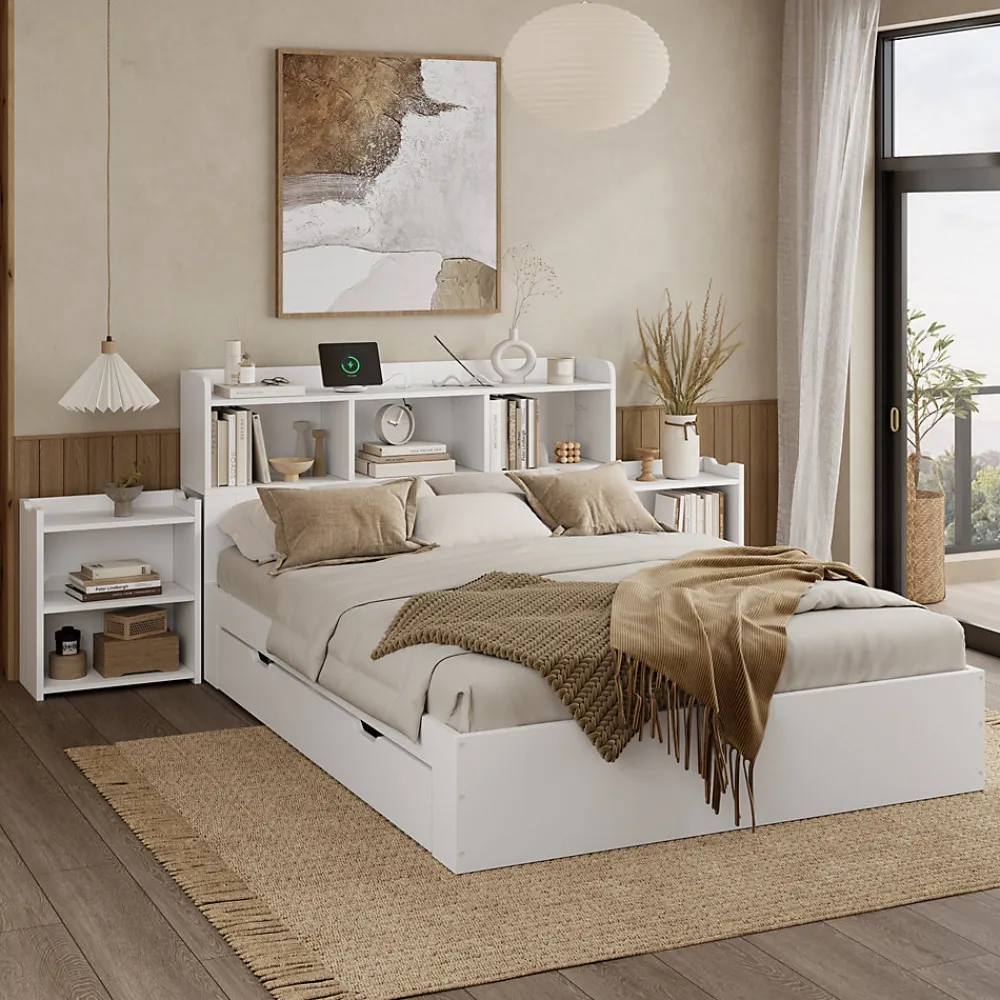 Lit avec Rangement 140x200 cm - Lit Double avec 2 Tables de Nuit Extractibles - MDF Robuste - Sans Matelas - Blanc>Okwish Sale