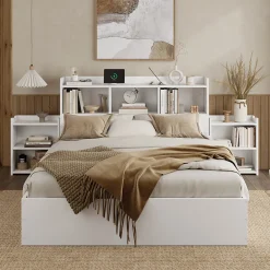 Lit avec Rangement 140x200 cm - Lit Double avec 2 Tables de Nuit Extractibles - MDF Robuste - Sans Matelas - Blanc><noscript><img width=