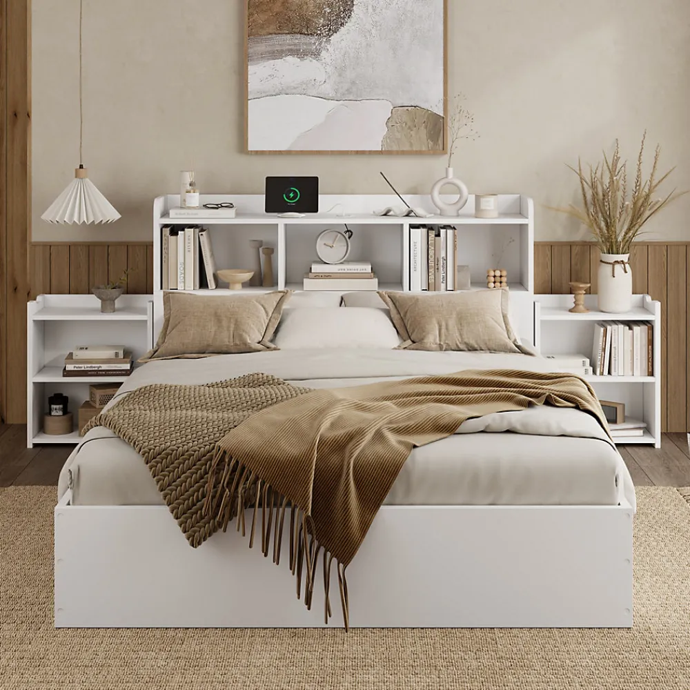 Lit avec Rangement 140x200 cm - Lit Double avec 2 Tables de Nuit Extractibles - MDF Robuste - Sans Matelas - Blanc>Okwish Sale