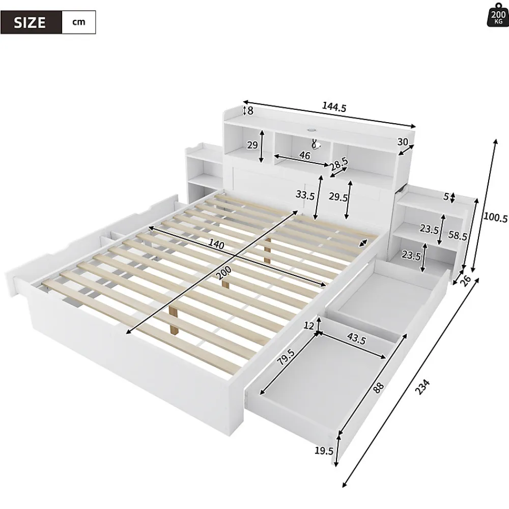 Lit avec Rangement 140x200 cm - Lit Double avec 2 Tables de Nuit Extractibles - MDF Robuste - Sans Matelas - Blanc>Okwish Sale