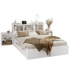 Lit avec Rangement 140x200 cm - Lit Double avec 2 Tables de Nuit Extractibles - MDF Robuste - Sans Matelas - Blanc><noscript><img width=