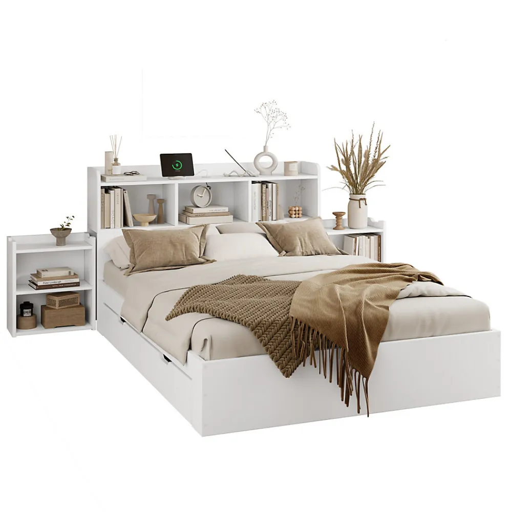 Lit avec Rangement 140x200 cm - Lit Double avec 2 Tables de Nuit Extractibles - MDF Robuste - Sans Matelas - Blanc>Okwish Sale