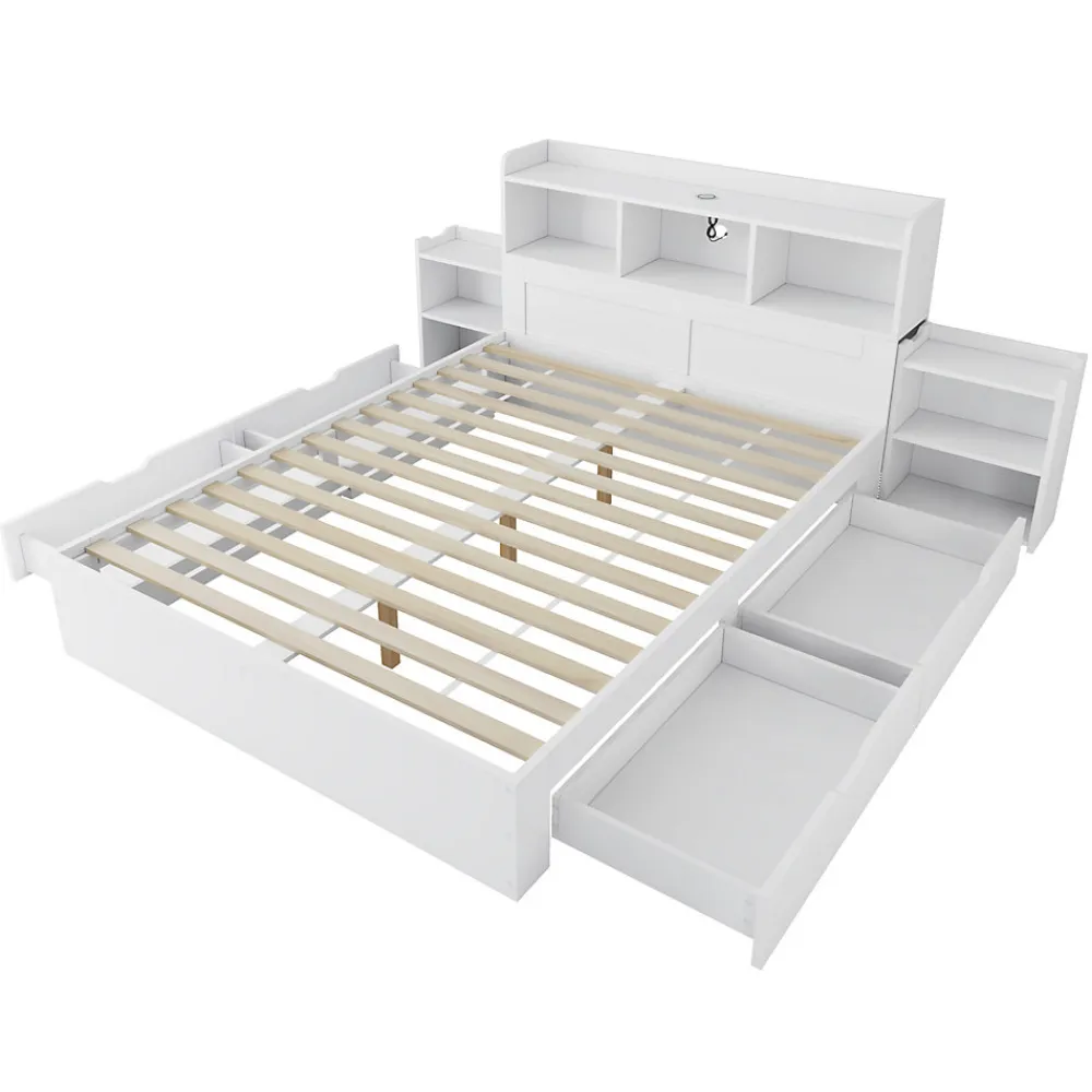 Lit avec Rangement 140x200 cm - Lit Double avec 2 Tables de Nuit Extractibles - MDF Robuste - Sans Matelas - Blanc>Okwish Sale