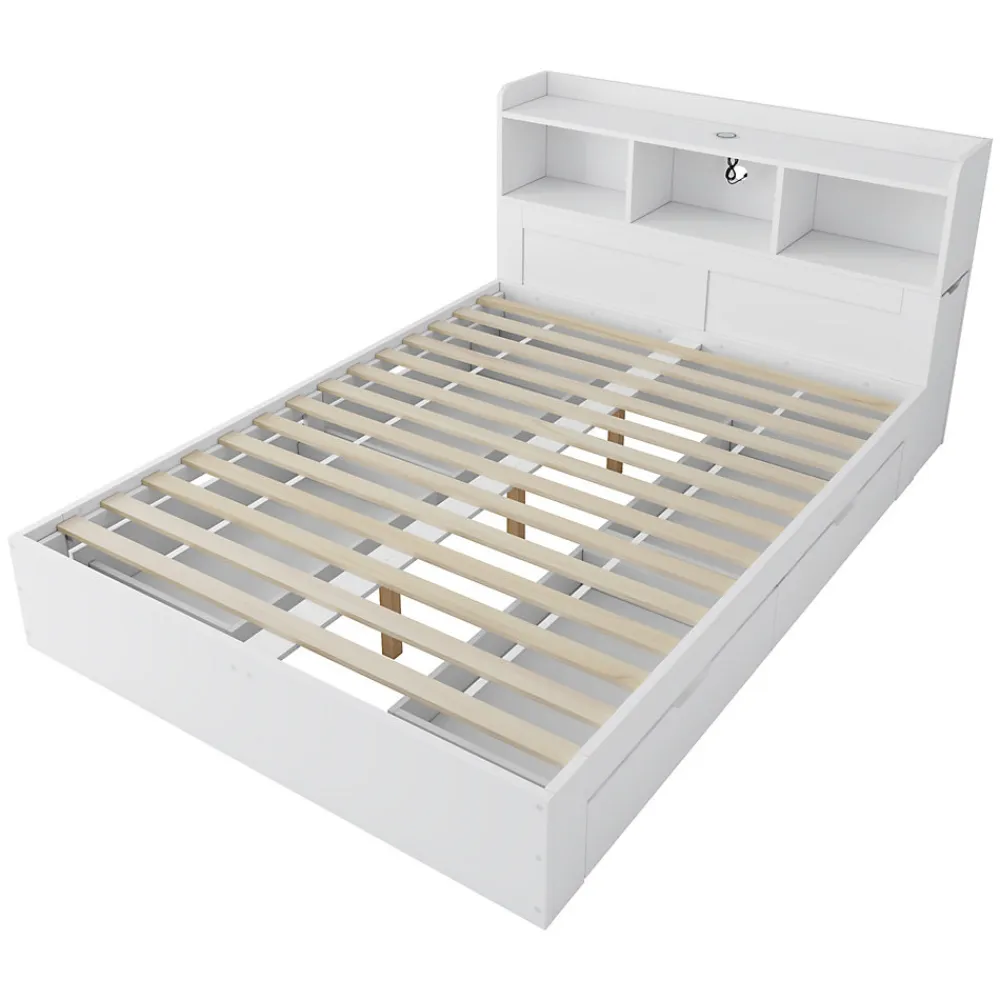 Lit avec Rangement 140x200 cm - Lit Double avec 2 Tables de Nuit Extractibles - MDF Robuste - Sans Matelas - Blanc>Okwish Sale