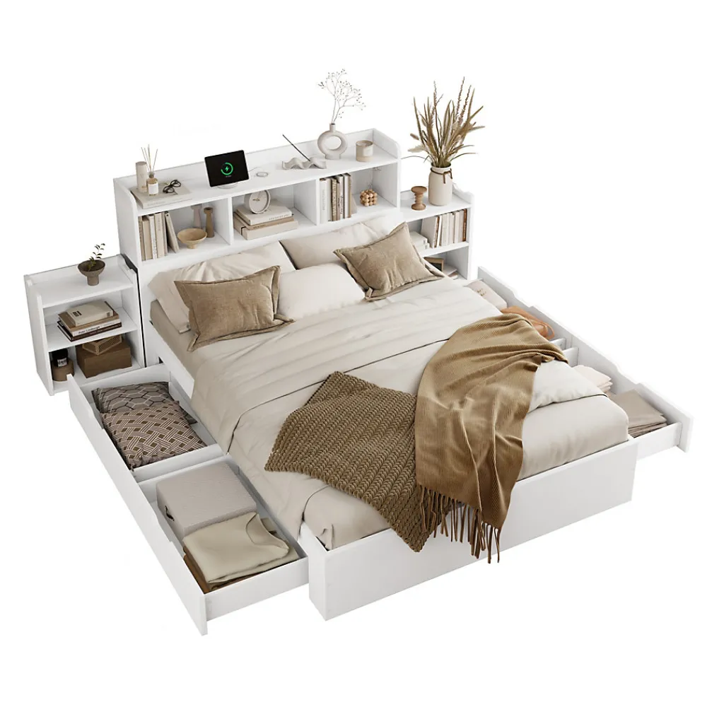 Lit avec Rangement 140x200 cm - Lit Double avec 2 Tables de Nuit Extractibles - MDF Robuste - Sans Matelas - Blanc>Okwish Sale
