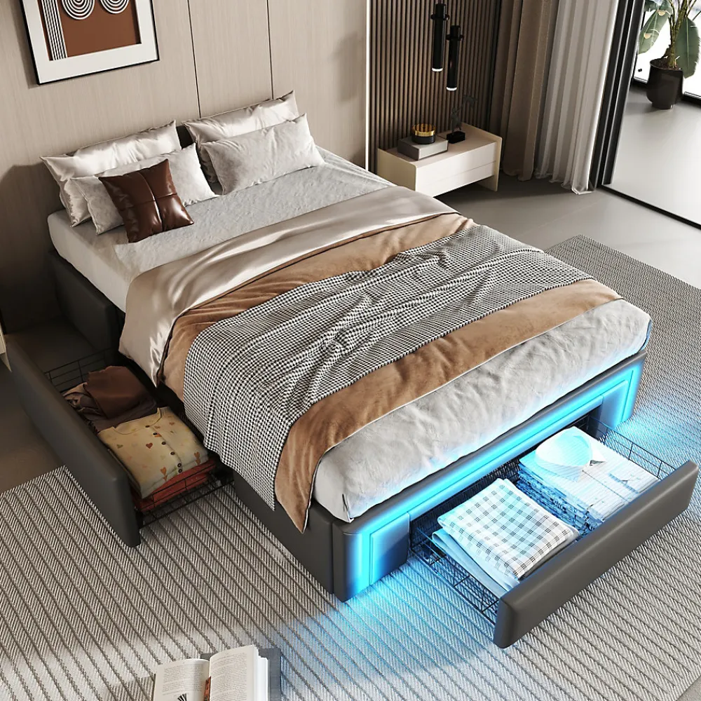 Lit avec rangement 90x200 cm - Lit simple avec 2 tiroirs et bande LED - Sans matelas - Gris>Okwish Sale