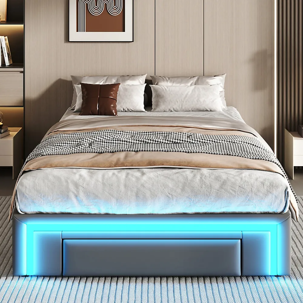 Lit avec rangement 90x200 cm - Lit simple avec 2 tiroirs et bande LED - Sans matelas - Gris>Okwish Sale