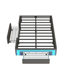 Lit avec rangement 90x200 cm - Lit simple avec 2 tiroirs et bande LED - Sans matelas - Gris><noscript><img width=