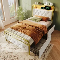 Lit avec Rangement 90x200 cm - Lit Capitonné Simple avec 2 Tiroirs, Prises USB et LED, Velours, Sans Matelas, Blanc>Okwish Best