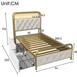 Lit avec Rangement 90x200 cm - Lit Capitonné Simple avec 2 Tiroirs, Prises USB et LED, Velours, Sans Matelas, Blanc><noscript><img width=