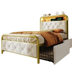 Lit avec Rangement 90x200 cm - Lit Capitonné Simple avec 2 Tiroirs, Prises USB et LED, Velours, Sans Matelas, Blanc><noscript><img width=