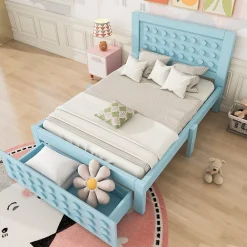 Okwish Lit avec rangement 90x200 cm - Lit simple avec tiroirs intégrés et design créatif - en MDF et bois massif - Bleu - Sans matelas* Lit Avec Rangement
