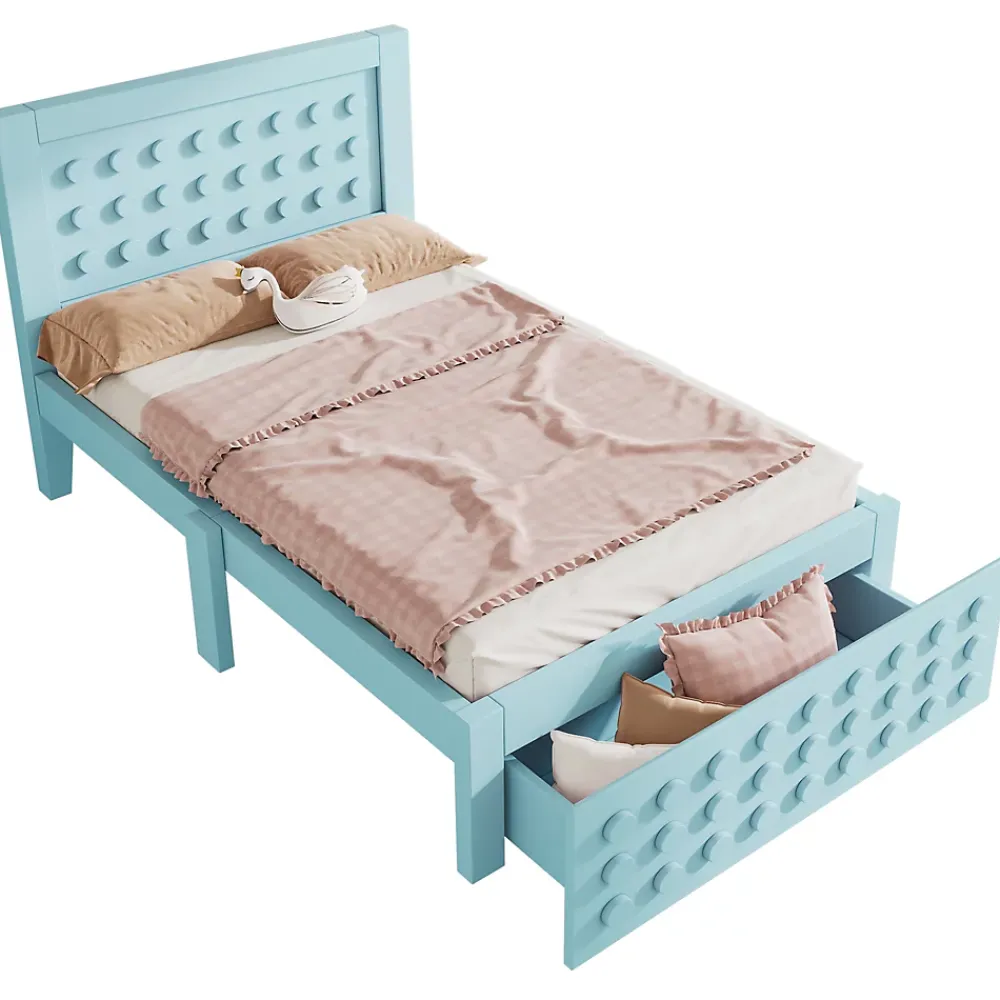 Okwish Lit avec rangement 90x200 cm - Lit simple avec tiroirs intégrés et design créatif - en MDF et bois massif - Bleu - Sans matelas* Lit Avec Rangement