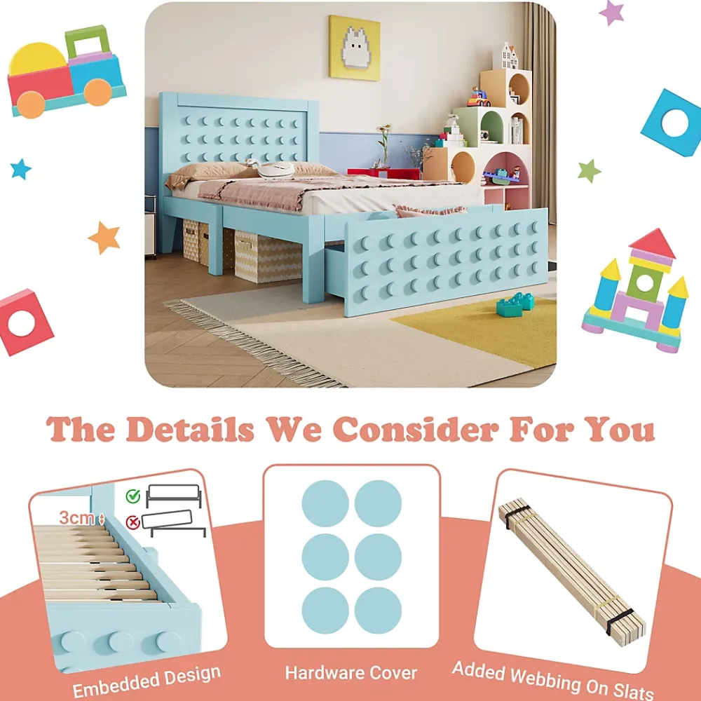 Okwish Lit avec rangement 90x200 cm - Lit simple avec tiroirs intégrés et design créatif - en MDF et bois massif - Bleu - Sans matelas* Lit Avec Rangement