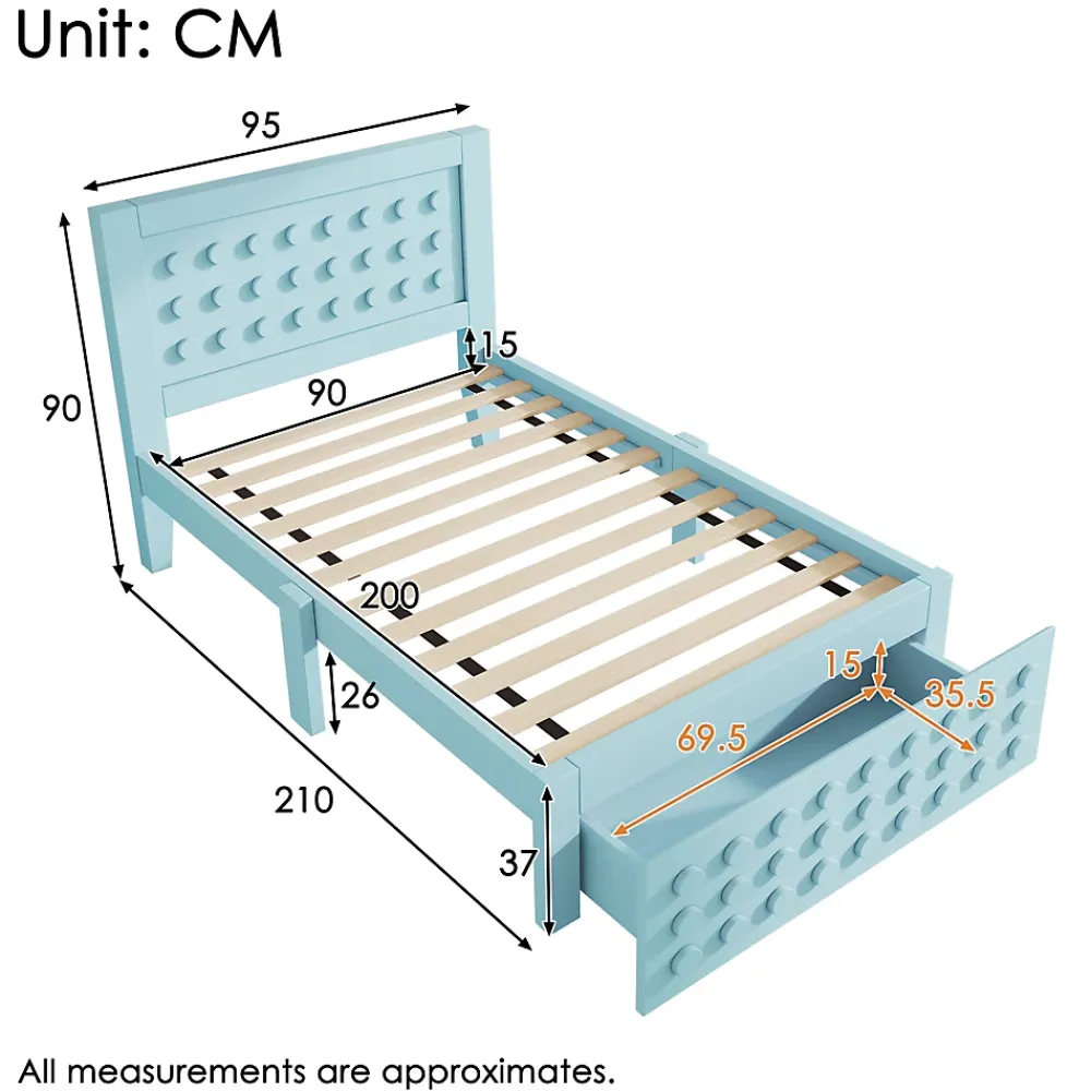 Okwish Lit avec rangement 90x200 cm - Lit simple avec tiroirs intégrés et design créatif - en MDF et bois massif - Bleu - Sans matelas* Lit Avec Rangement