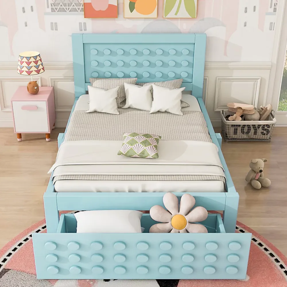 Okwish Lit avec rangement 90x200 cm - Lit simple avec tiroirs intégrés et design créatif - en MDF et bois massif - Bleu - Sans matelas* Lit Avec Rangement