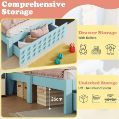 Okwish Lit avec rangement 90x200 cm - Lit simple avec tiroirs intégrés et design créatif - en MDF et bois massif - Bleu - Sans matelas* Lit Avec Rangement