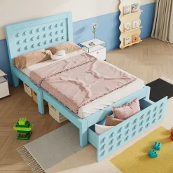 Okwish Lit avec rangement 90x200 cm - Lit simple avec tiroirs intégrés et design créatif - en MDF et bois massif - Bleu - Sans matelas* Lit Avec Rangement