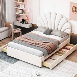 Okwish Lit avec rangement 140x200 cm - Lit double tête fleur - Velours - Sans Matelas - Beige* Lit Avec Rangement