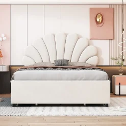 Okwish Lit avec rangement 140x200 cm - Lit double tête fleur - Velours - Sans Matelas - Beige* Lit Avec Rangement