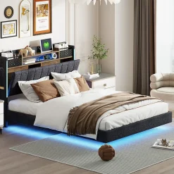 Lit avec rangement 140x200 cm - Lit double capitonné avec éclairage LED - lin + Métal - Sans matelas - Gris><noscript><img width=